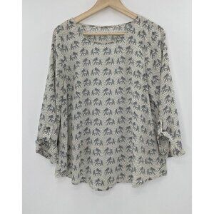 41 Hawthorne Women’s Ivory Roll Tab‎ Sleeve Blouse Top Medium Grey Elephants